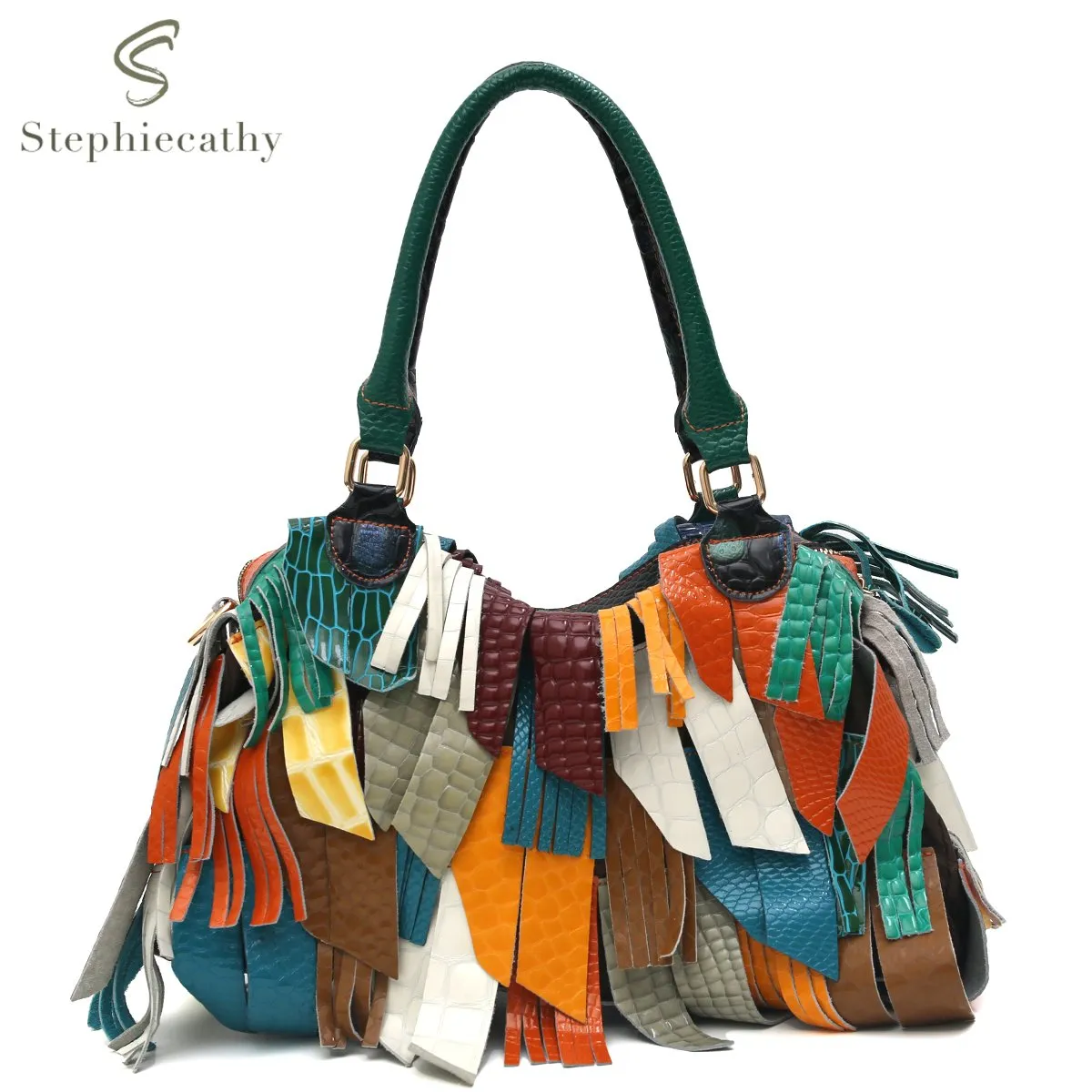 バッグ D&G Patchwork Leather Boston Bag Bohemian Chic Leather Handbag: Colorful Patchwork Tassel Bag