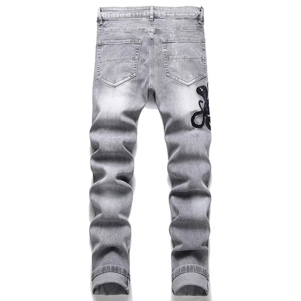 Jeans da uomo in denim grigio con ricamo serpente, streetwear, pantaloni elasticizzati Ditreed strappati e sottili, dritti e ricamati_voghion.com