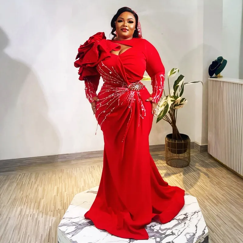 Long Sleeve Red Mermaid Prom Dress Plus Size Beaded Sequined