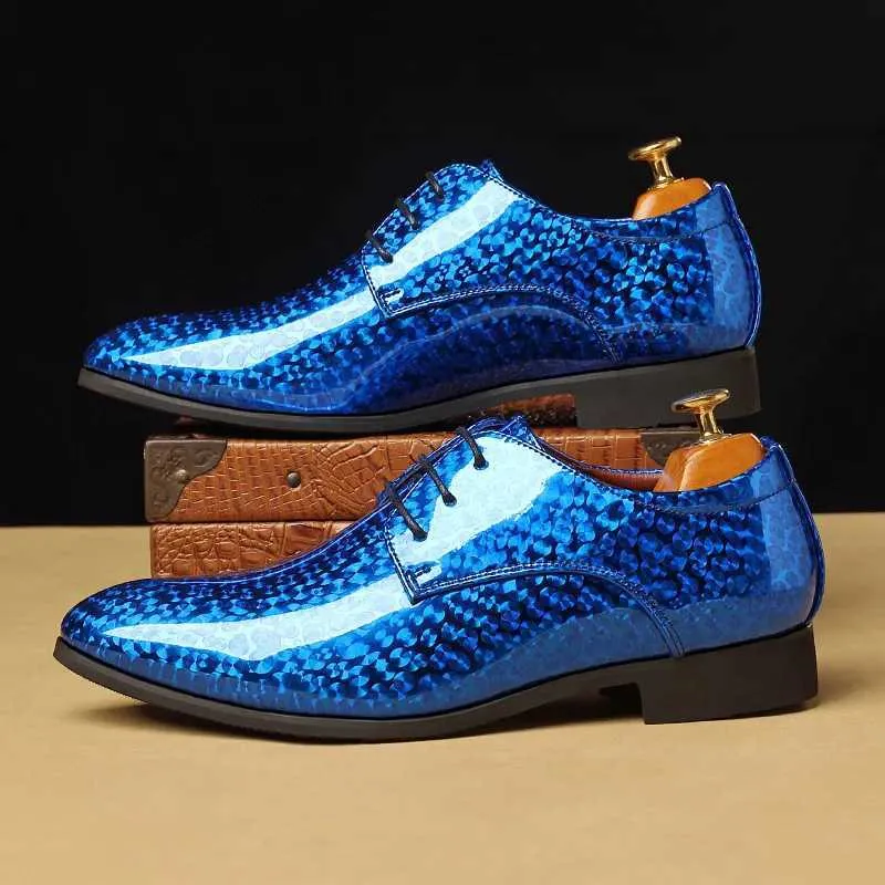 Elegant Blue Leather Oxfords: Patent Formal Wedding Shoes for Men