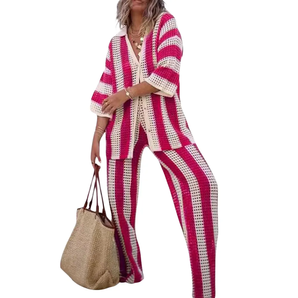 ZERMOM Women's 2-Piece Crochet Beach Set - Hollow Out Button Top & Wide Leg Pants, Swimsuit Cover Up