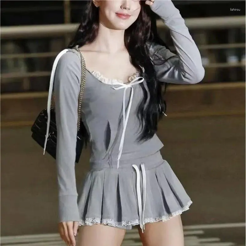 Skirts Summer Korean Fashion Grey Mini Skirt Kawaii Y2k Cute Clothes Lace For Woman High Waist With Trim Drawstrings