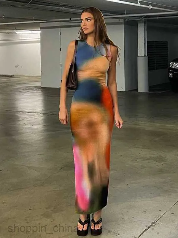 Ribbed Midi Dress: Tie-Dye Print Bodycon Side-Slit Summer Outfit for Women