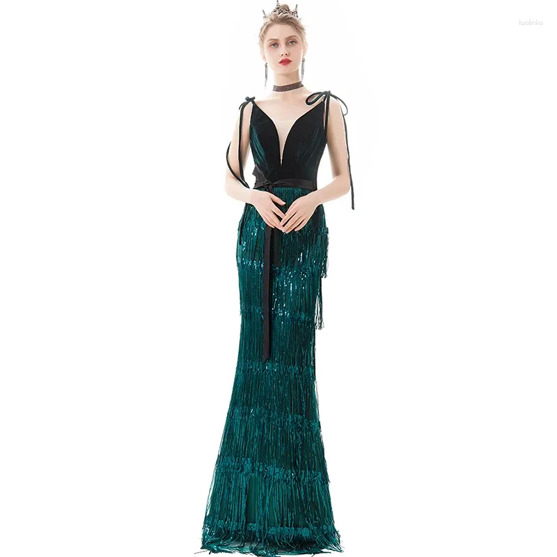sachin and babi light blue dress Wei Yin AE0380 Green Sequin Tassel Evening Dress