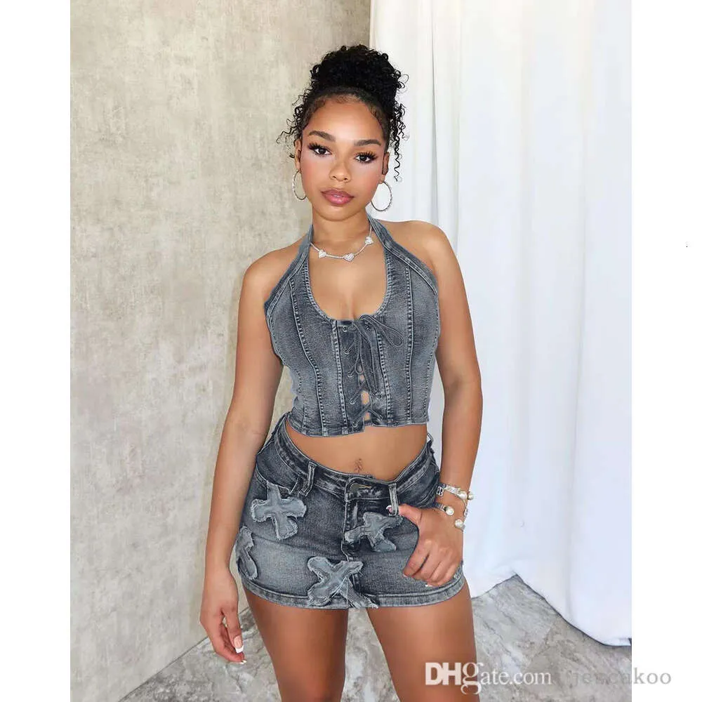 Two-Piece Denim Lace Trimmed Vest Skirt Two-Piece Denim Lace Trimmed Vest Skirt