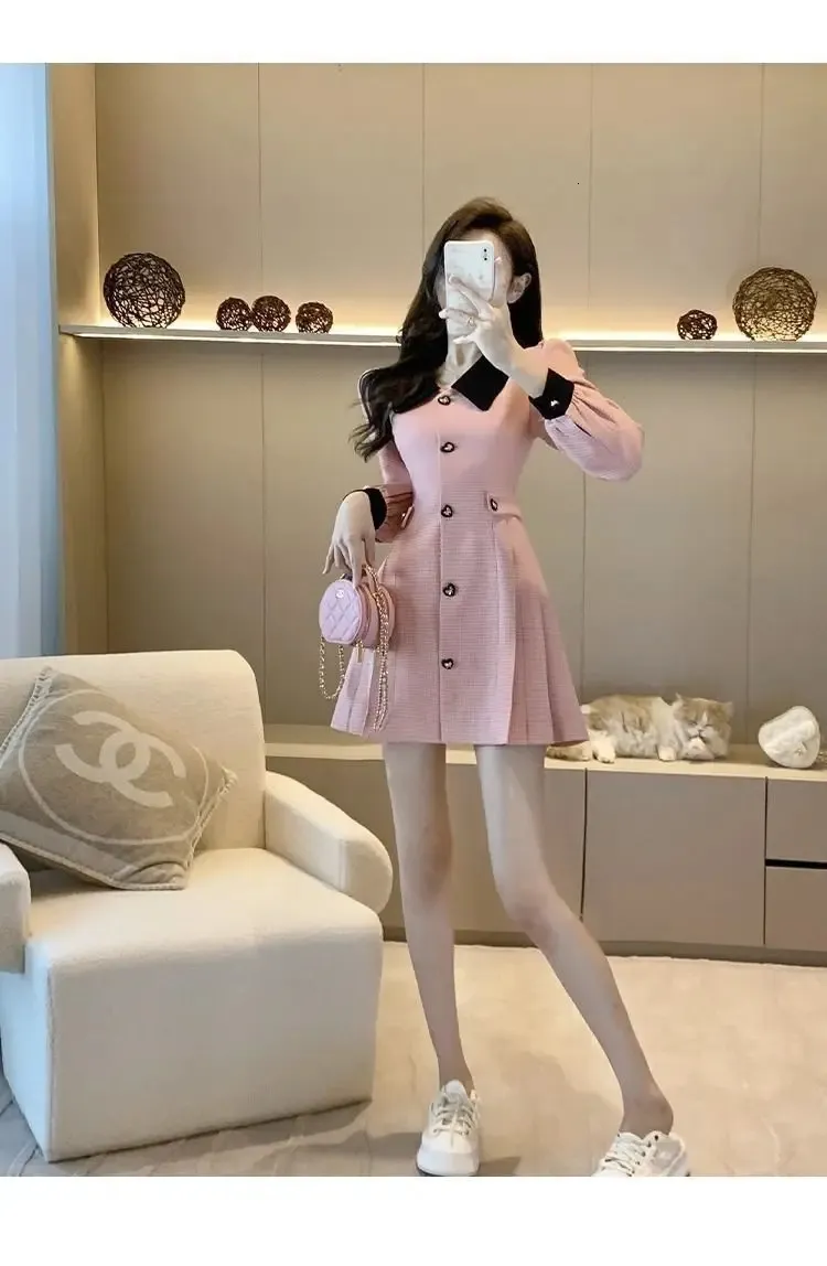 Pink long sleeve dress single breasted spliced long sleeved elegant Korean  style women's wear from Dhgate Urban Sexy Dresses - price 56.67