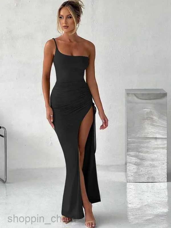 Drawstring Slit Maxi Dress | One-Shoulder Elastic Bodycon
