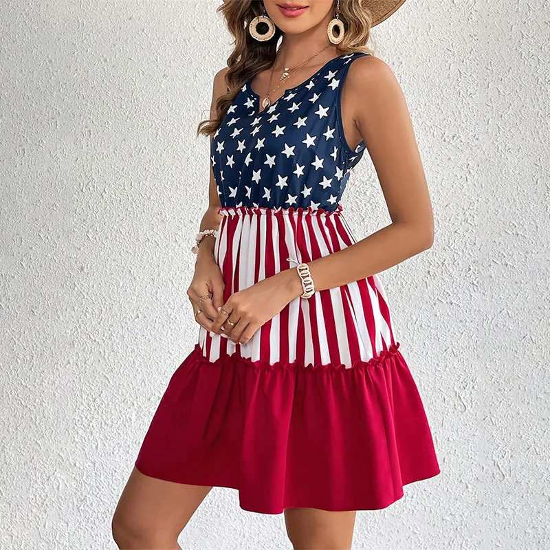 American Flag Printed Sleeveless Dress with Ruffled Hem for Women, Above  Knee A-Line Mini Dress, Polyester, Summer V-Neck Empire Waist from Dhgate  Basic & Casual Dresses - price 36.99