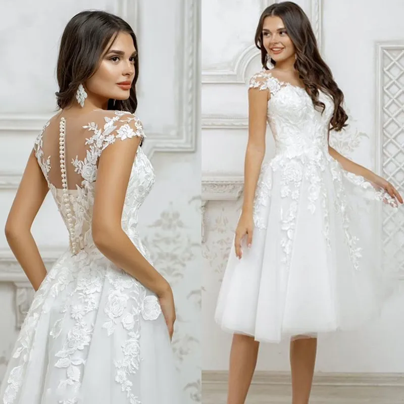 Boho Chic: 2021 Knee-Length A-Line short Lace wedding dress with Lace Appliques, Capped Sleeves, and Ivory Tulle - Perfect for Summer Beach Weddings