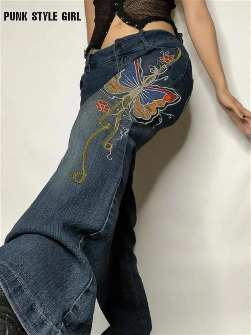 Vintage Butterfly Print Embroidered Jeans Women Y2K Fairycore 