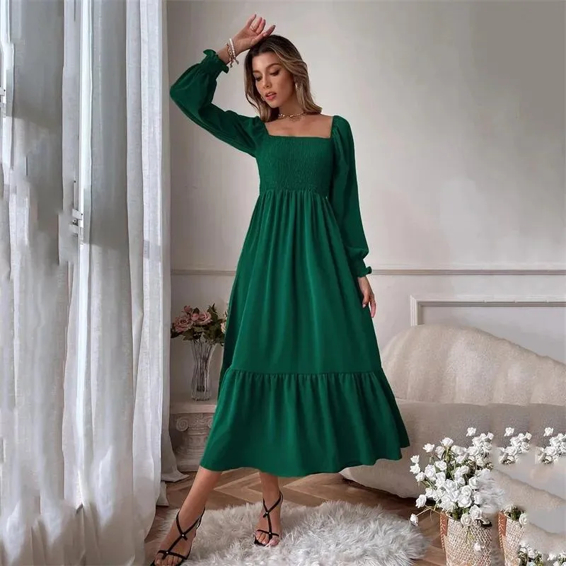 Sweet Style High Waist Pleated Dress with Square Neck and Splicing Hem - Elegant Office and Commuter Wear for Women