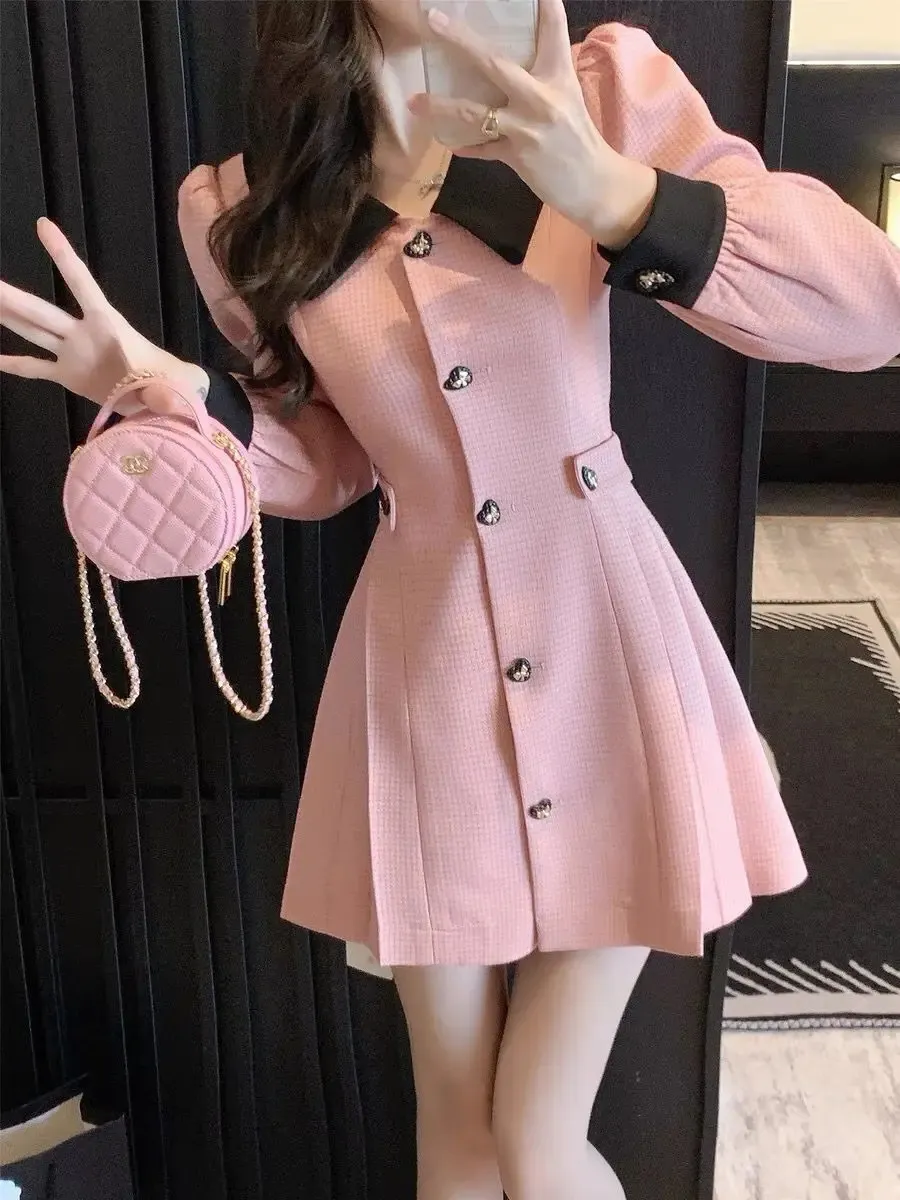 Pink long sleeve dress single breasted spliced long sleeved elegant Korean  style women's wear from Dhgate Urban Sexy Dresses - price 56.67
