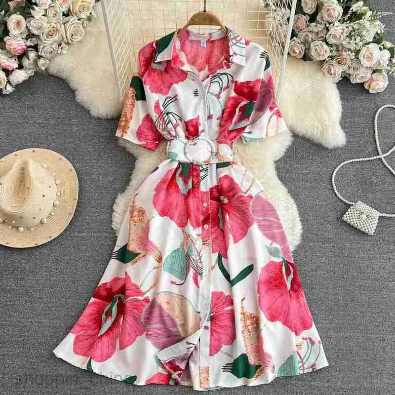 Women's Floral A-Line Shirt Dress with Belt - Elegant Vintage Summer Dress