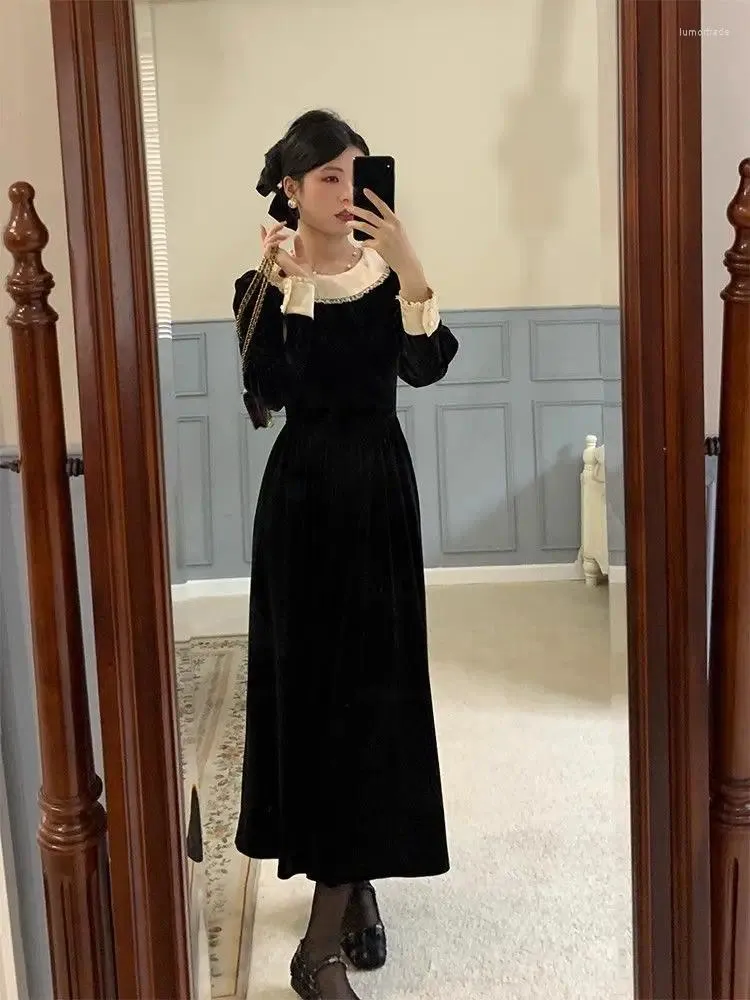 Casual Velvet Dress for Women Vintage Patchwork O-Neck Short Sleeve Slim  Fit Mid-Calf A-Line