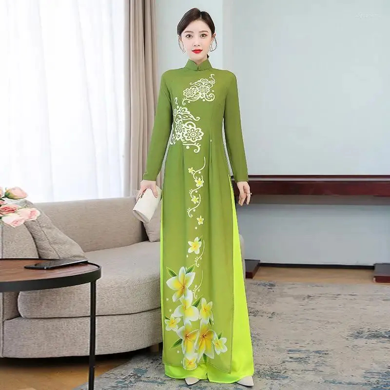 white christmas dresses Elegant and Graceful Vietnamese AO Dai Authentic Modified Summer Long Performance Cheongsam Dress Blue / M main image 0
