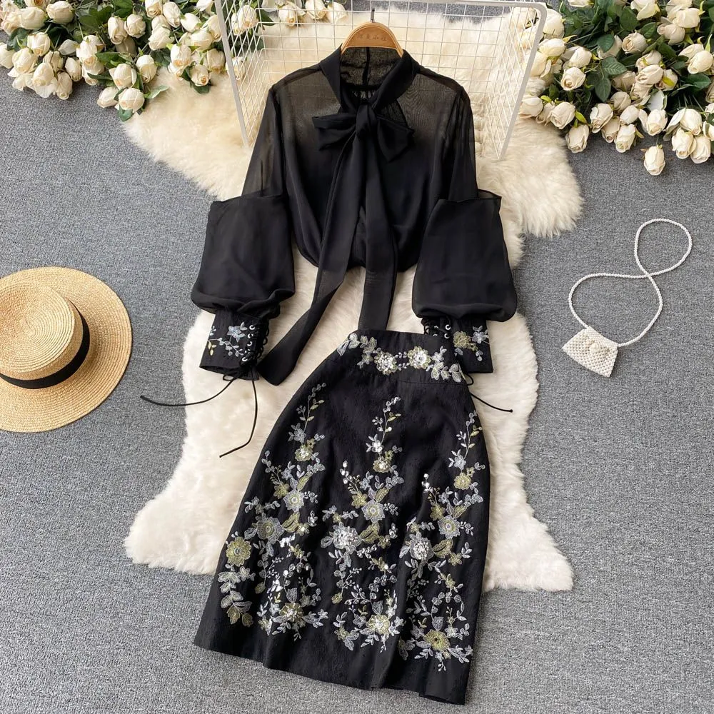 Elegant Women’s Two-Piece Set – 3D Embroidered Jacket & High-Waist Pleated Skirt main image 1