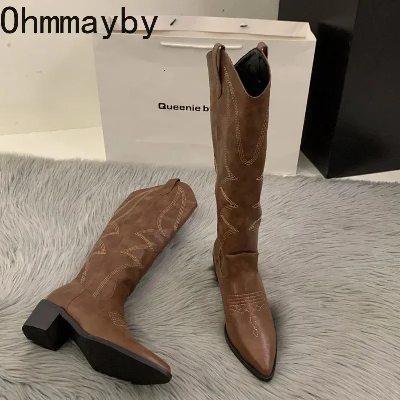 Stylish Square Low Heel Cowboy Boots Elegant Slip On Pointed Toe Ladies Footwear