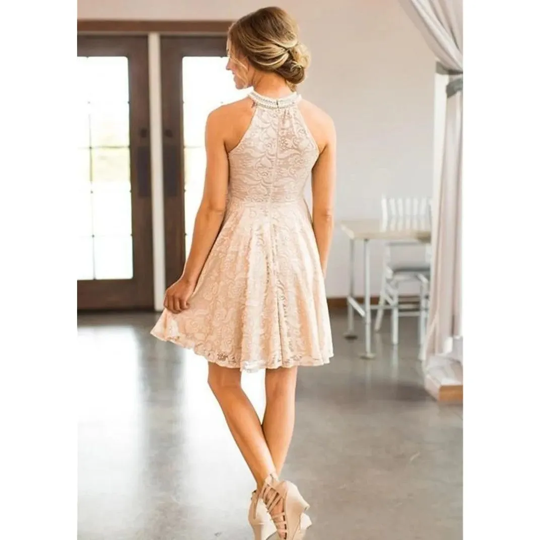 Peach Country Halter Neck short pink bridesmaid dresses with Pearls - Knee Length Wedding Guest Gown for Maid of Honor