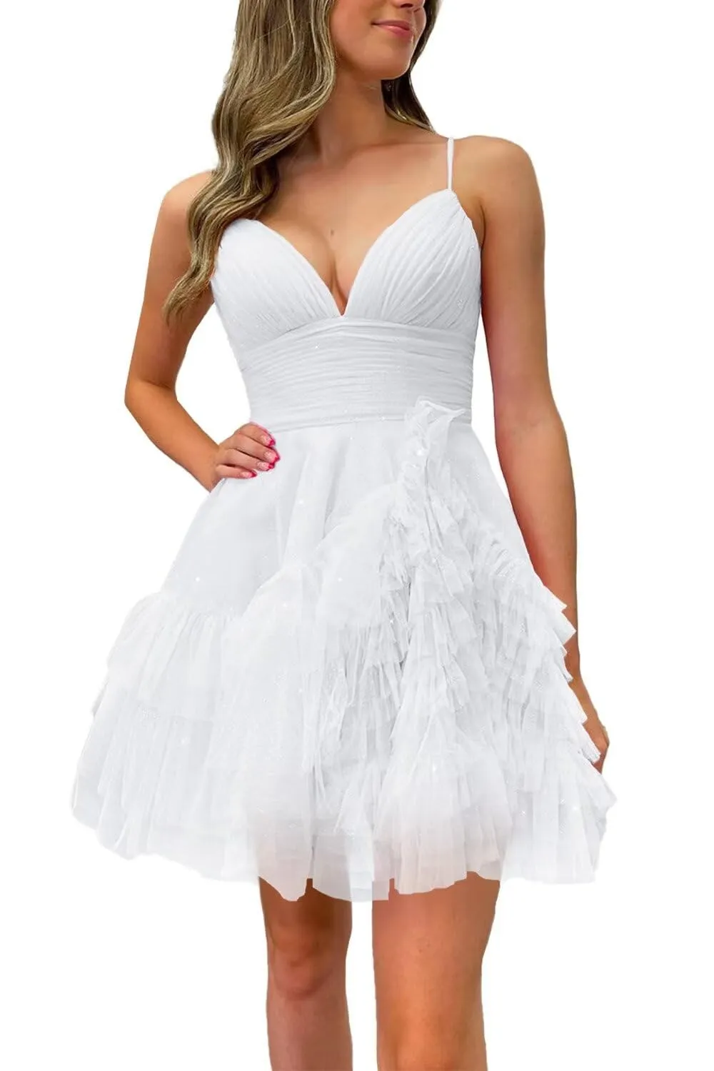 green emerald velvet dress Spaghetti Straps Short Homecoming Dresses for Teens Tiered Mini Cockta –  formalgowns main image 1