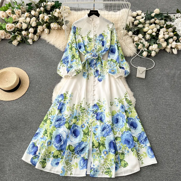 Bohemian Floral Floral maxi dress with Lantern Sleeves and Belt for Women - Elegant and Gorgeous Spring Linen Vestidos (6235 240617)