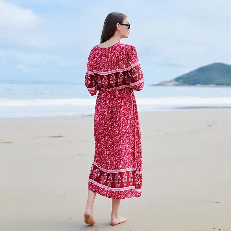 Vestidos De Playa Bohemio: Vestido Maxi Floral Con Cuello En V Con