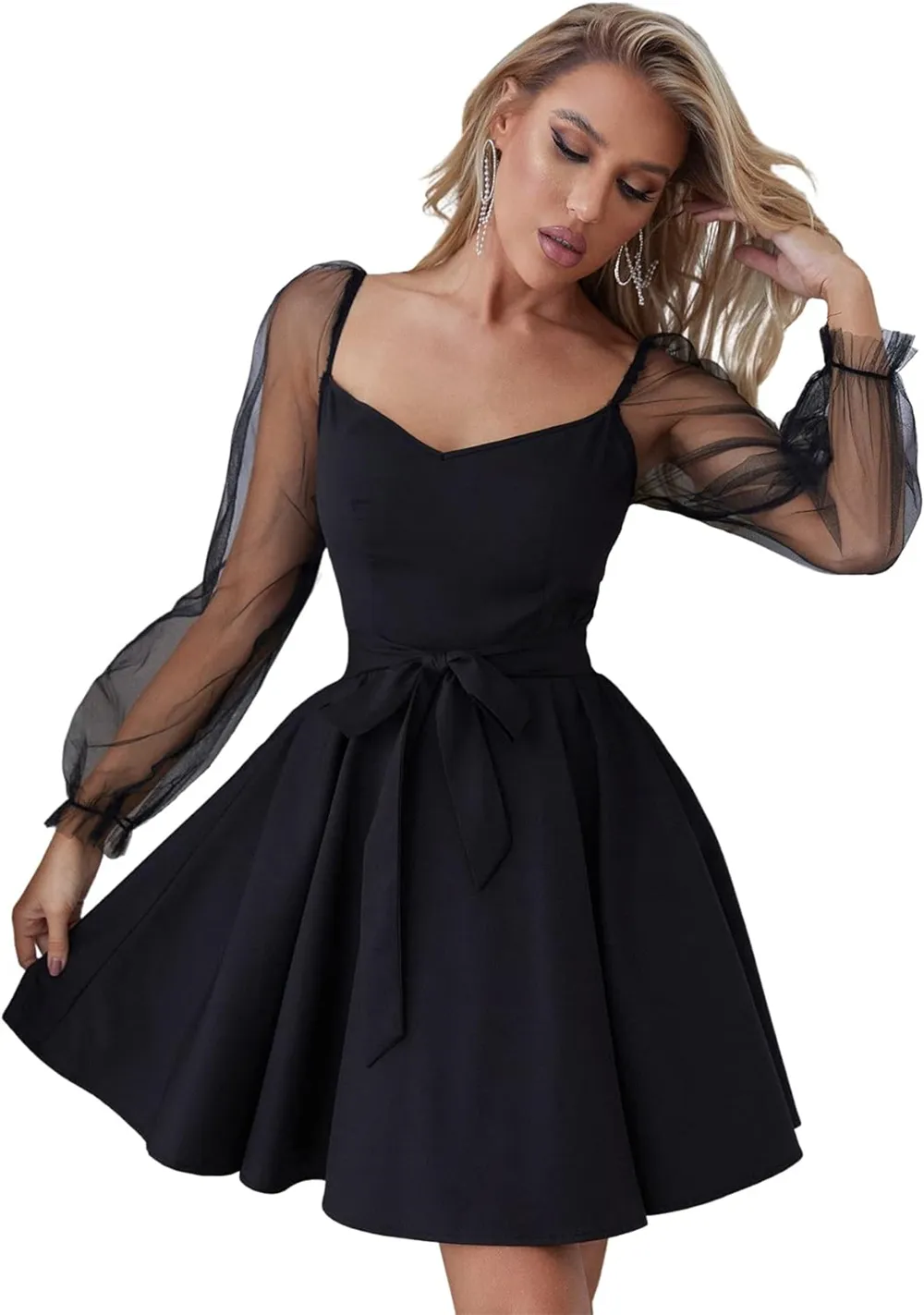Elegant Black Satin Long Sleeve Homecoming Dress with Sweetheart Sashes for  Formal Occasions