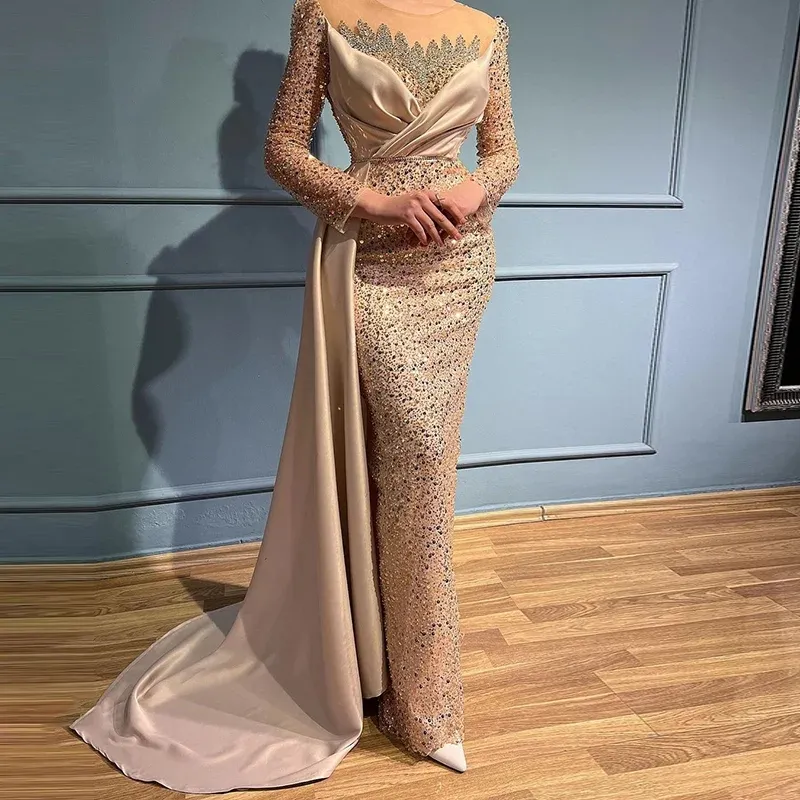 Jewel Sheer Long Beading Champagne Mermaid Evening Dress Jewel Sheer Long Beading Champagne Mermaid Evening Dress