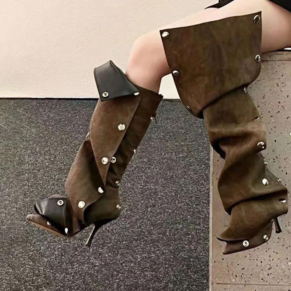 High Heeled Denim Patchwork Denim Boots For Women With Pointed Metal Rivets And Puffiness Perfect For Casual Wear And Knee Length From Ddmyshoes 54.47 DHgate.Com