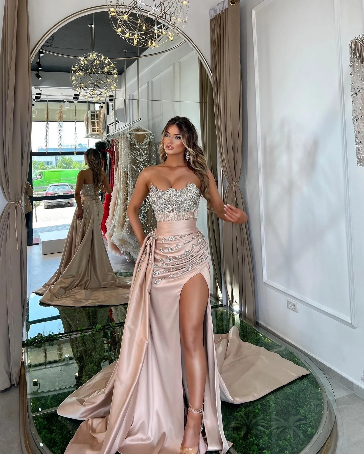 beaded satin effect dress Shiny Sheath Sweetheart Neck Sequin Beaded Satin Prom Dress Evening Dress  with Slit SH2537
