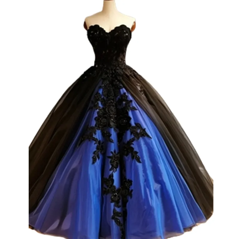 knee length dresses for ladies Sweetheart Neck Short Blue Prom Dress with Black Lace Flower, Short Bl –  jbydress