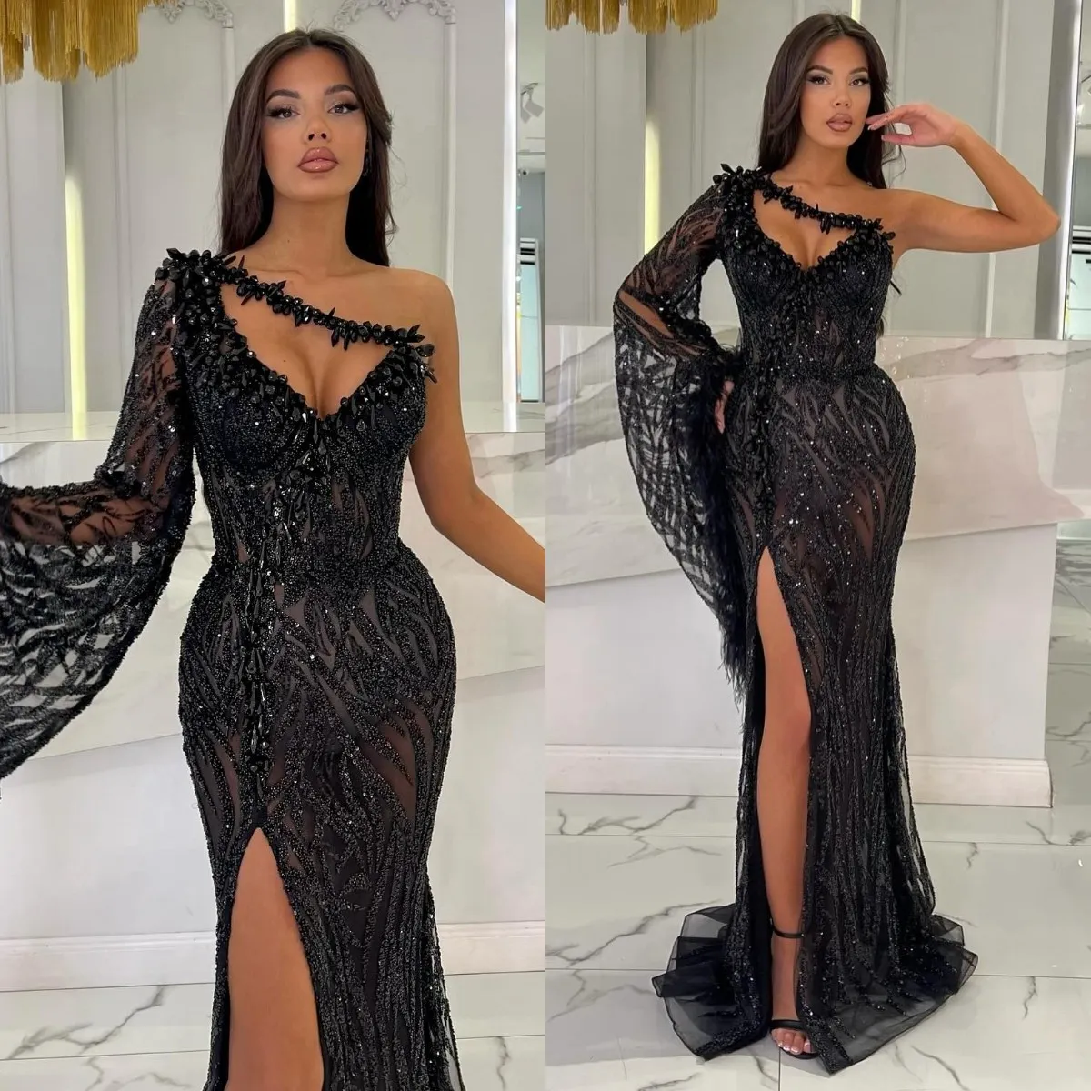 Black crystal beaded one-shoulder trumpet evening dress with court train  and backless design from Dhgate Evening Dresses - price 368.47