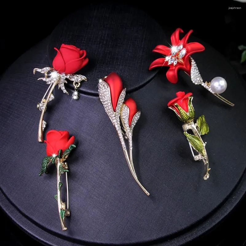 Rhinestone Red Rose Brooch – Zinc Alloy Floral Lapel Pin, 6 X 2.6 Cm, For Wedding, Birthday & Formal Events