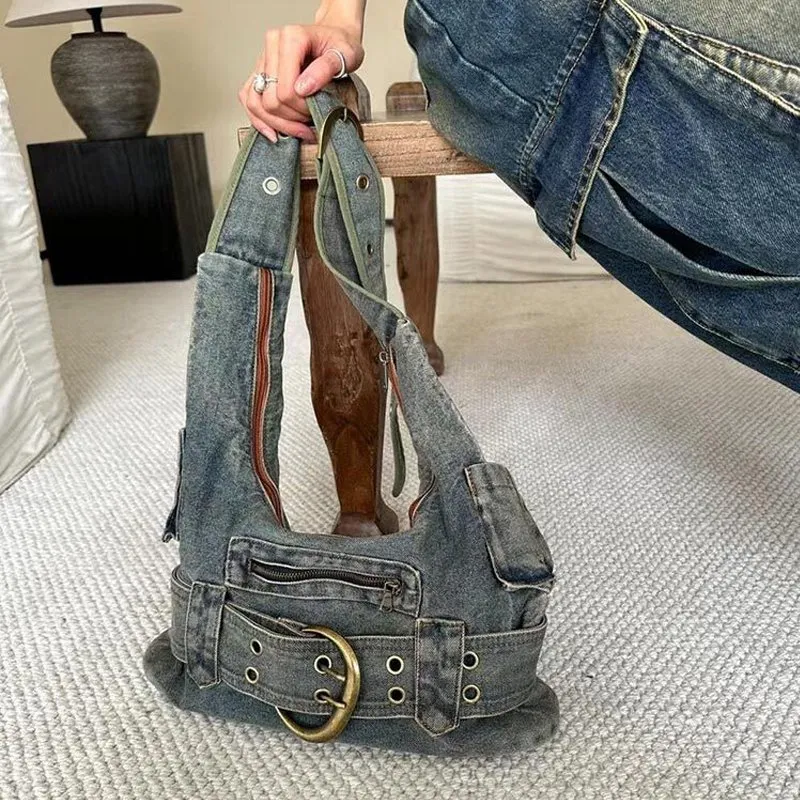 Trendy Vintage Denim Shoulder Bag: Y2K Streetwear Grunge Handbag for Women Trendy Vintage Denim Shoulder Bag: Y2K Streetwear Grunge Handbag for Women