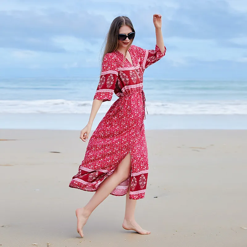 Bohemian Floral Basted boden seaside print dress with Oversized V-Neck and Slit at Hem