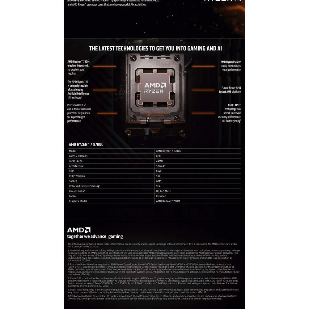 AMD Ryzen 7 8700G 8-Core 16-Thread Processor with Radeon 760M Graphics ...