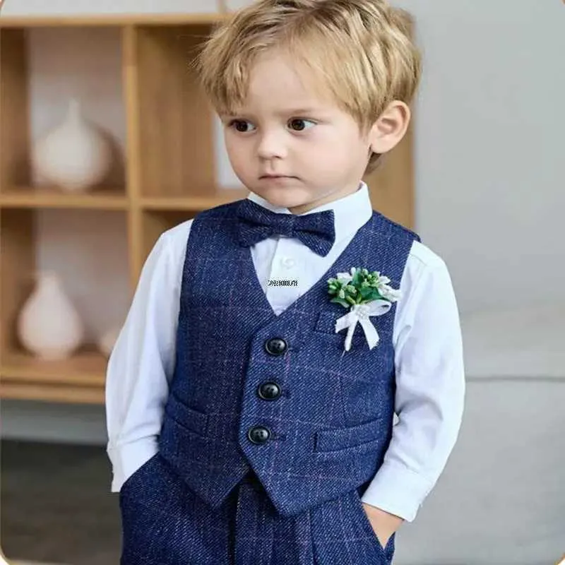 thumbnail image 2 of Toddler Boys 5pc Tuxedo Suit Set – Notch Lapel, Satin Vest, Striated Pants 2 of 6