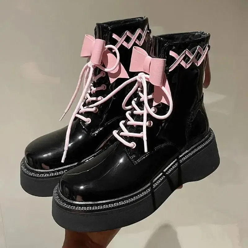 Kawaii Chunky Platform Booties With Laces Black Pink Lace Up Footwear For Women Punk Style Short Doc Martens Shoes For Combat Work And Goth Style 240620 From Factory Longda02 Bulk 31.28 DHgate.Com