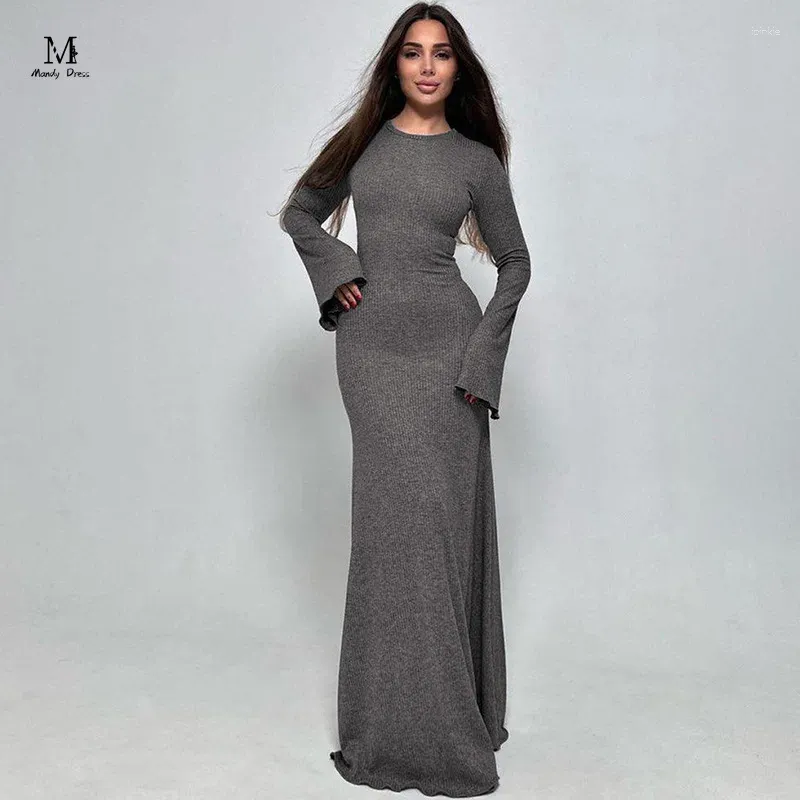 Casual Dresses Elegant Women s Slim Maxi Dress Long Sleeve O neck Skinny Solid Clothing Autumn Winter Ladies