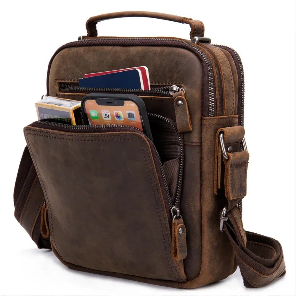 Mens Vintage Leather Crossbody Bag for Work, Travel, Casual
