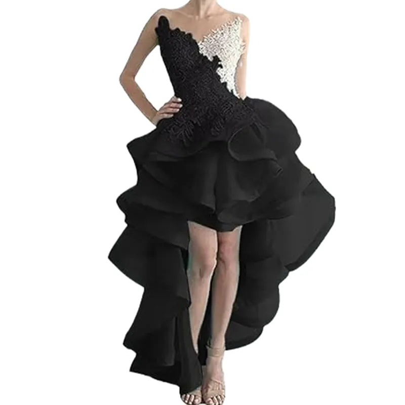 Black and White Lace Applique High Low Prom Dress with Ruffles and Backless