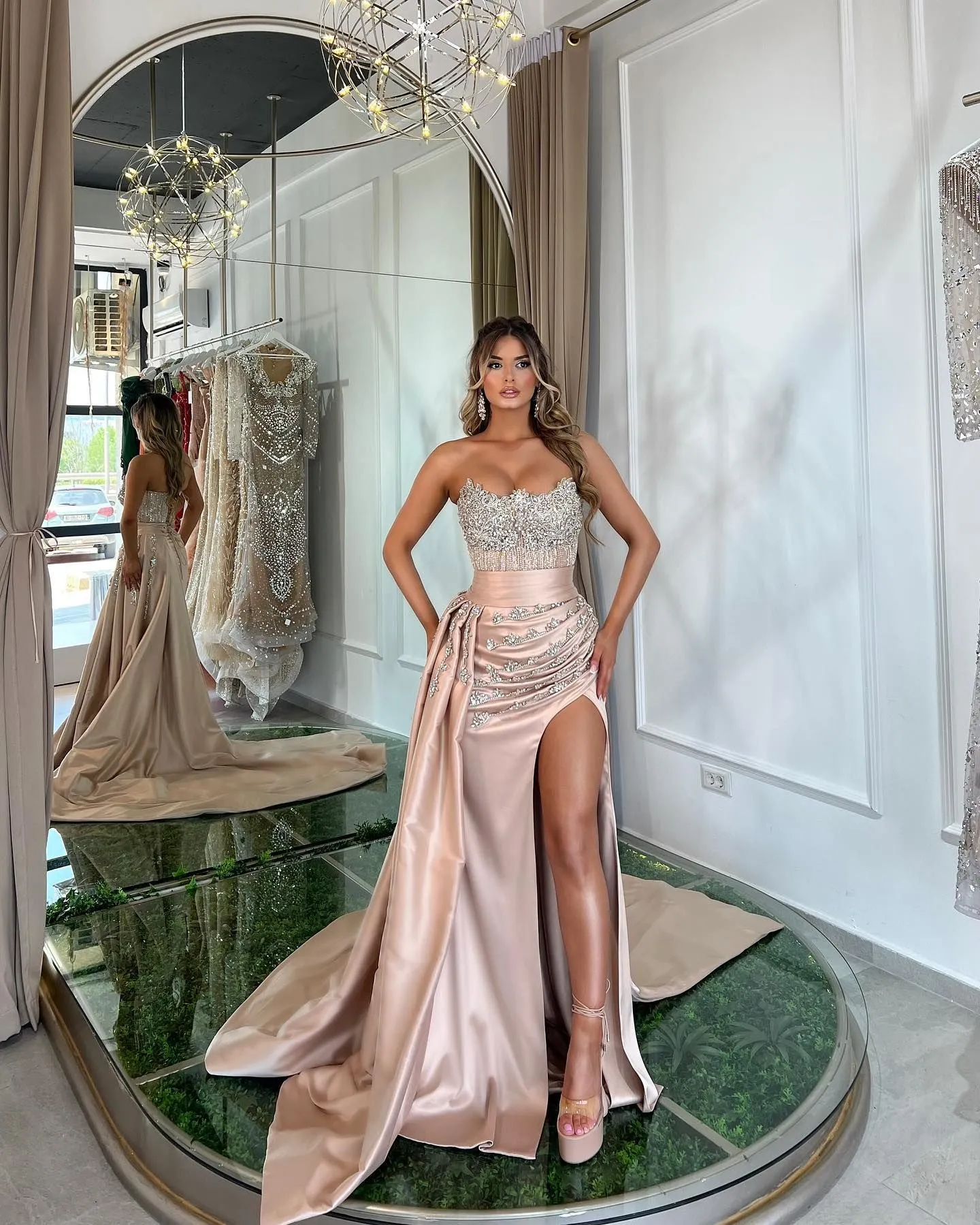 a line prom dresses 2025 2023 Open Back Satin Mermaid Square Neck Backless Wedding Dress US2 / Pink