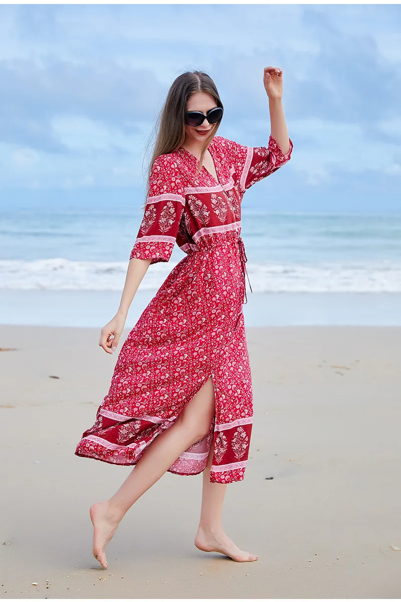 Black Beach Cover Up Kaftan Dress For Women - V-Neck, Side Split, Lightweight Wrinkle Maxi Dress