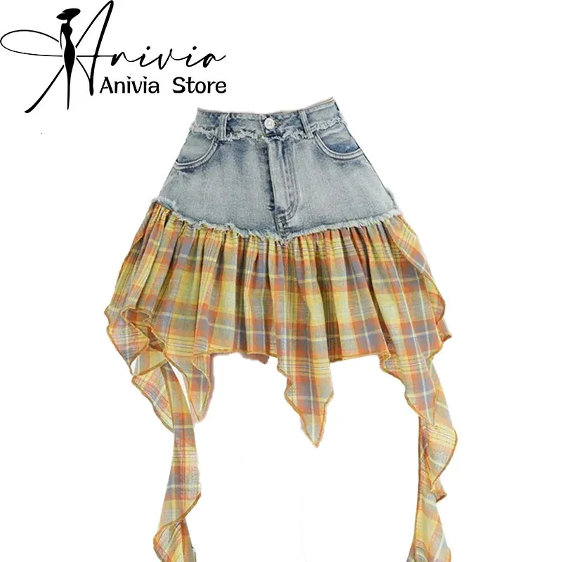 Y2K Denim Skirt: Blue A-line Vintage Mini Jean Skirt for Women with Plaid  Patchwork