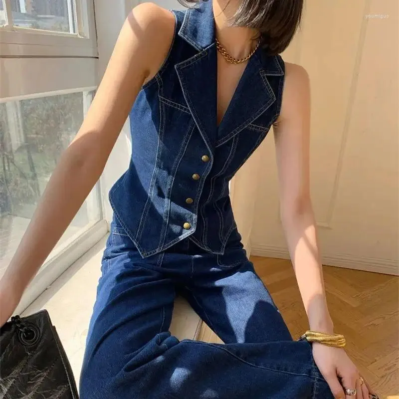 Retro Blue Denim Vest Two Piece Set For Women Elegant Sleeveless 