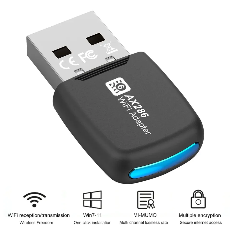 Mini USB WiFi 6 Dongle Adapter AX286 2.4GHz 286.8Mbps Driver-Free