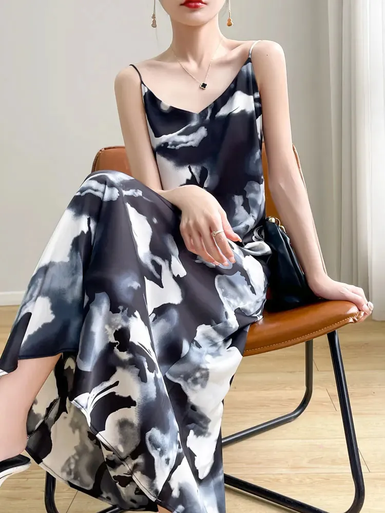 Spring and Summer Womens Satin Floral Suspender Skirts - Colorful Silky  Dresses - Cool Comfortable Casual Wear