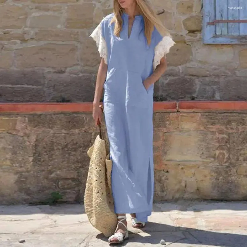 Women's Bohemian Style A-line Dress with Lace Cuffs and Side Pockets Women's Bohemian Style A-line Dress with Lace Cuffs and Side Pockets