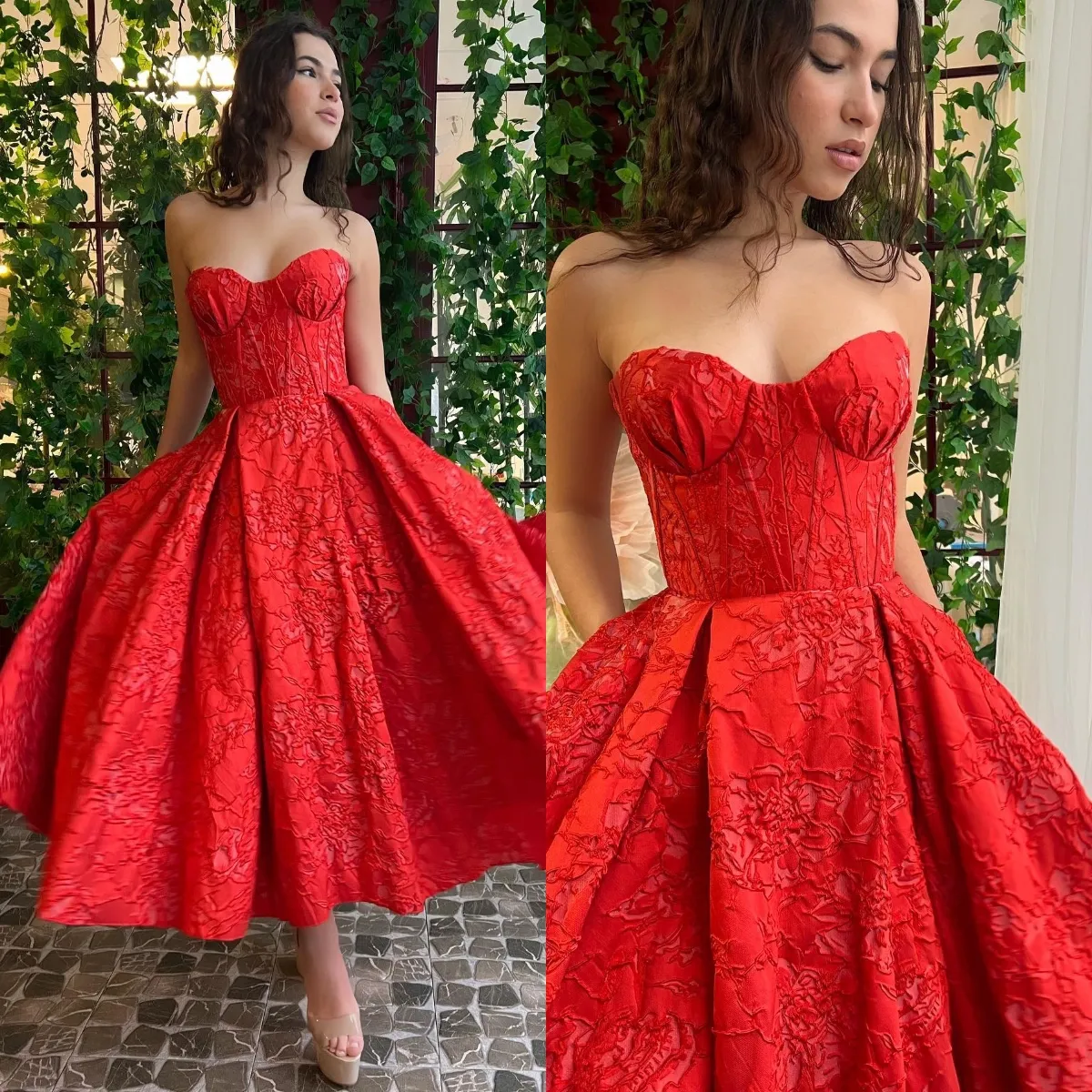 Gorgeous red a line Prom Dress jacquard printed sweetheart Evening gowns homecoming graduation dress ruffle tea length formal dresses for special