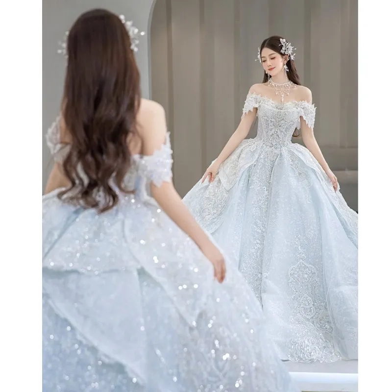 Dubai Elegant Long A-E Wedding Dress with Sheer Crew Neck, Lace Appliques, Beading, and Crystals - R&W New Princess Style Vestios de Novia