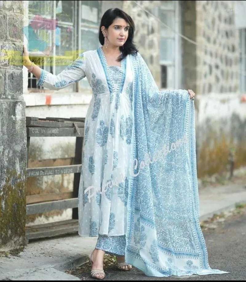 DHgate Cotton Anarkali Suit Set with Floral Print for Women Pant Dupatta and Kurta Apparel